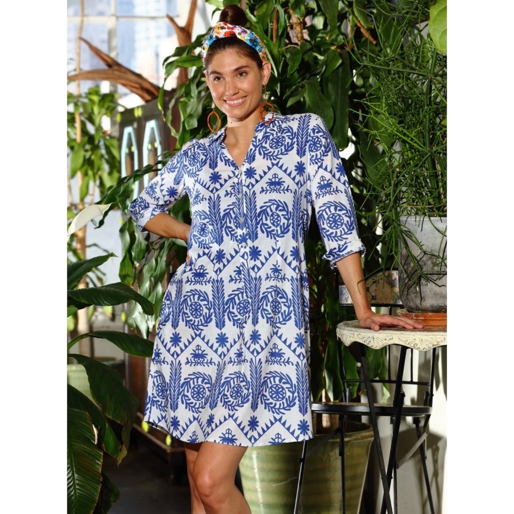 KikiSol Women's Blue White Chios Shirt Dress Size Medium NWT